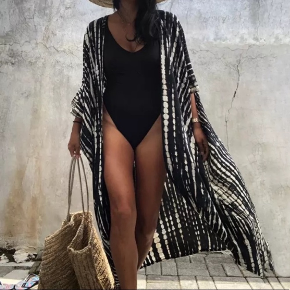 SOLD OUT Black Tie Dye Boho Swim Coverup Kimono Robe - Picture 2 of 4